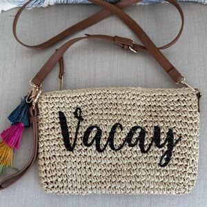 Brown Crossbody Straw Bag with Vacay Script
